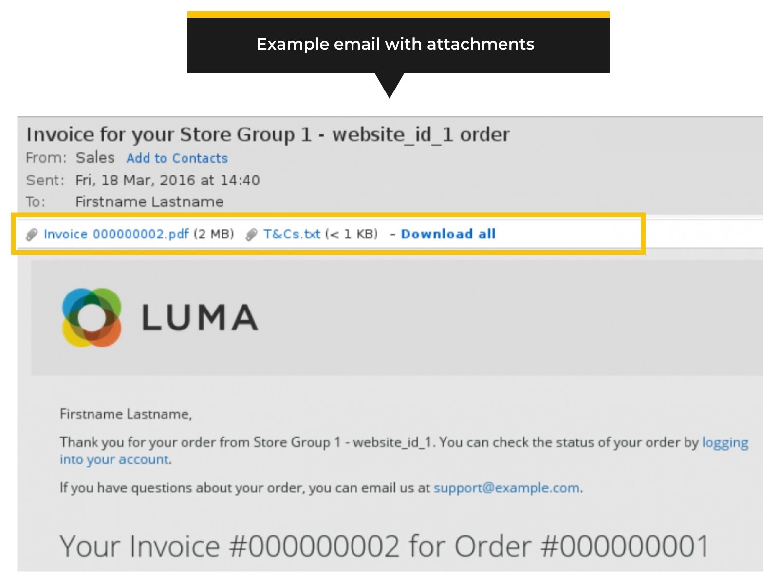 Example order email with attachments in Magento 2 (Thumbnail)