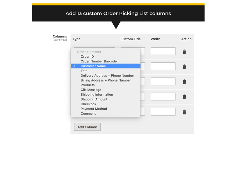 Backend settings and custom column options - Magento 2 order picking list