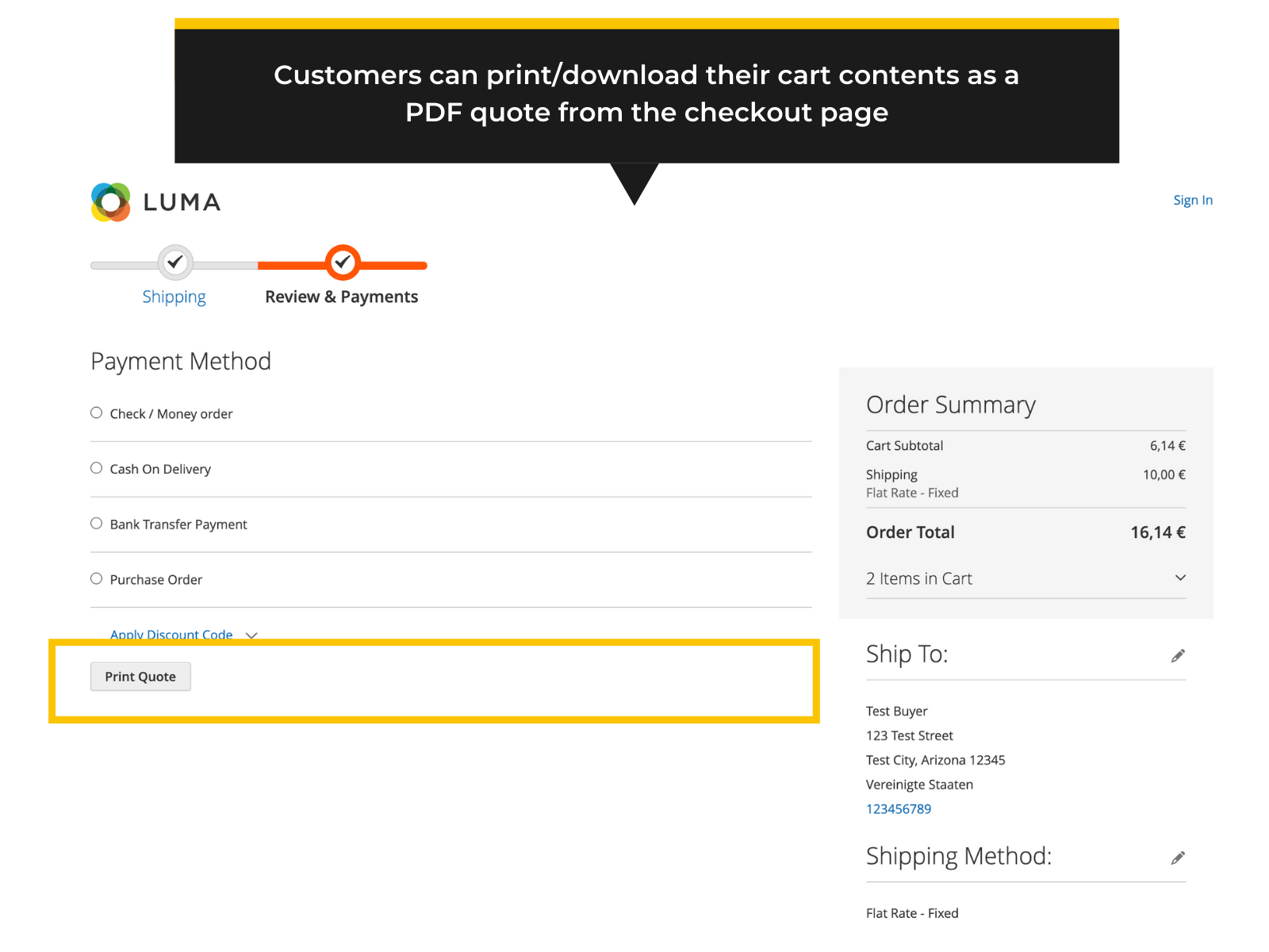 Print quote function in Magento 2 checkout