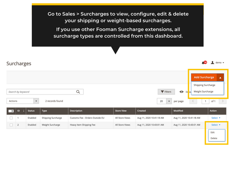 Add a new Magento 2 shipping or weight based surcharge. New surcharge dashboard in Magento 2