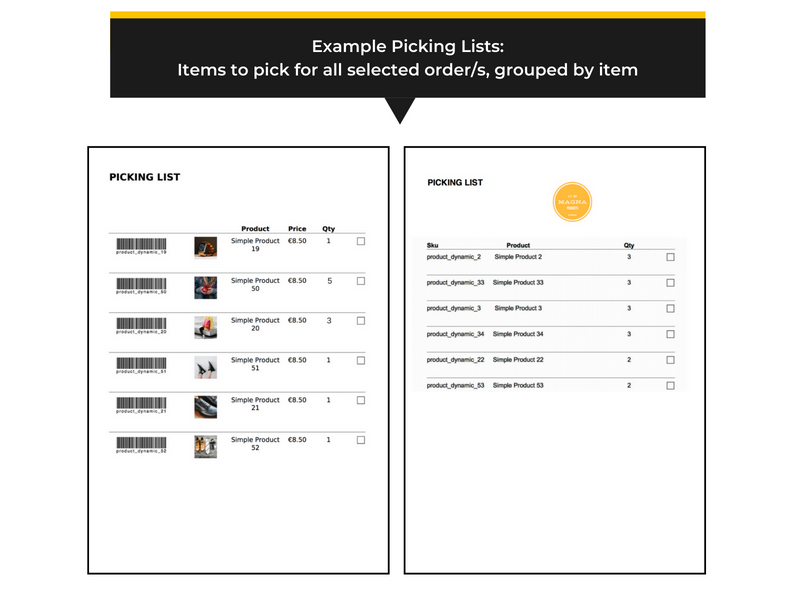 Magento 2 Picking List - Examples with SKU barcode, product image and checkboxes
