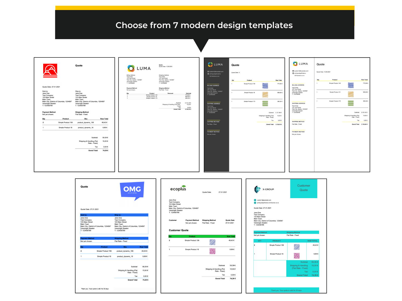 Choose a design template for your PDF quote. Colours are customisable for your brand