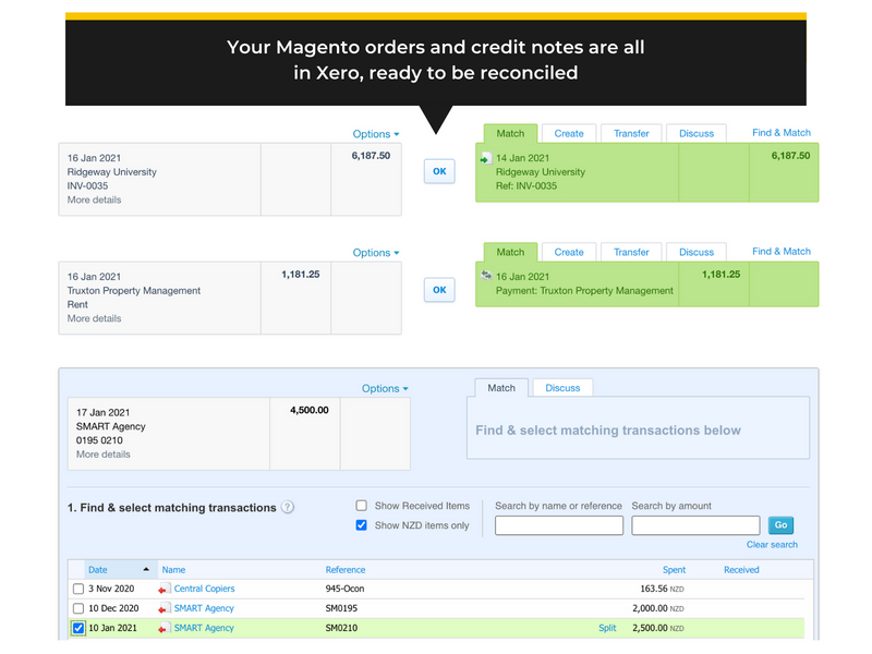 Magento 2 orders and credit notes ready to be reconciled in your Xero account