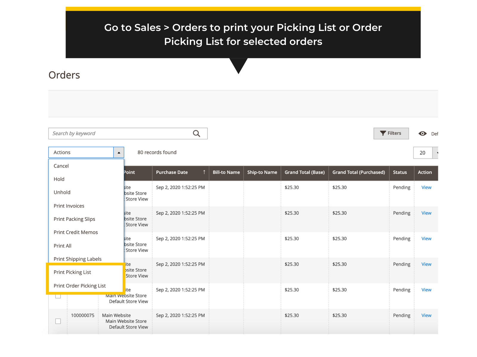 Select Magento 2 orders and print a combined Picking List of all items to pack (Thumbnail)