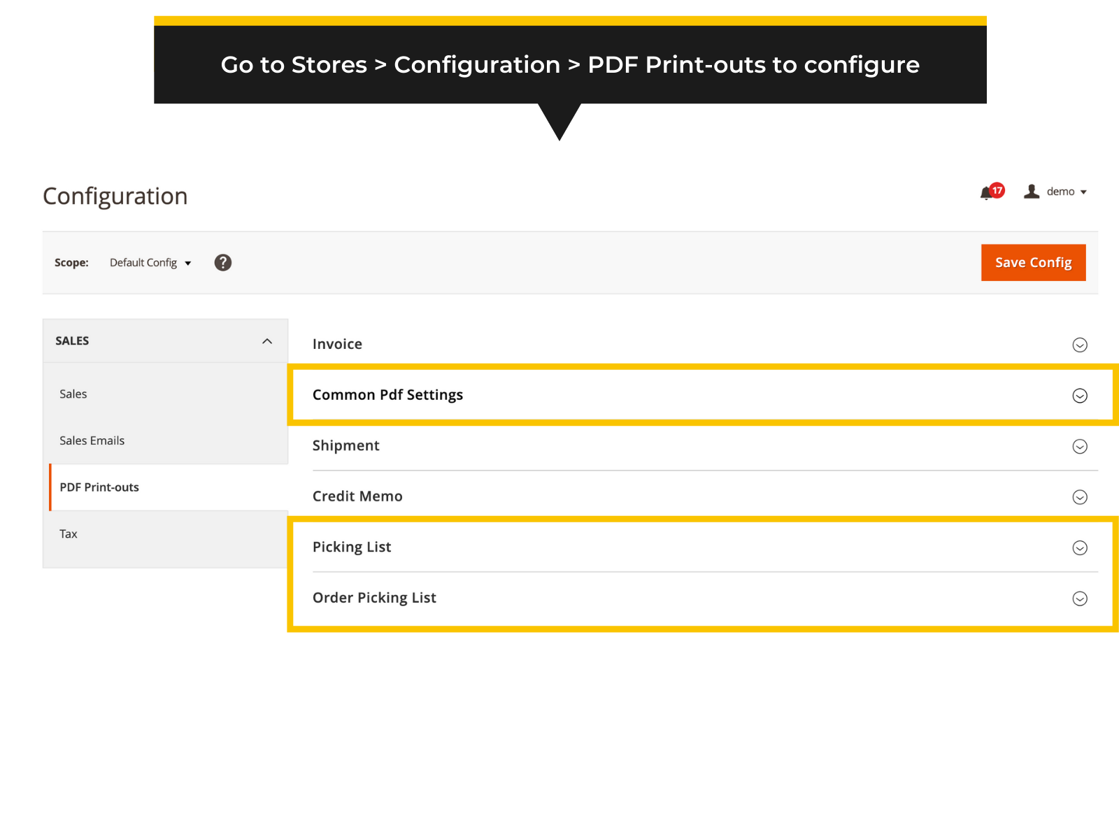 Magento 2 backend settings - PDF pick list extension by Fooman (Thumbnail)