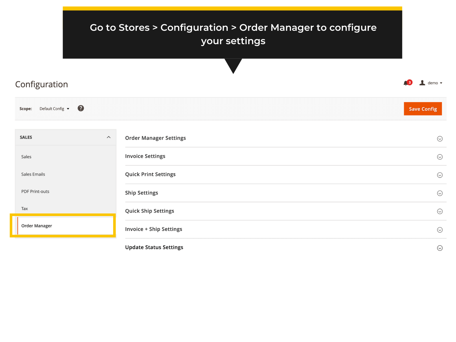 Fooman Order Manager backend settings in Magento 2 (Thumbnail)