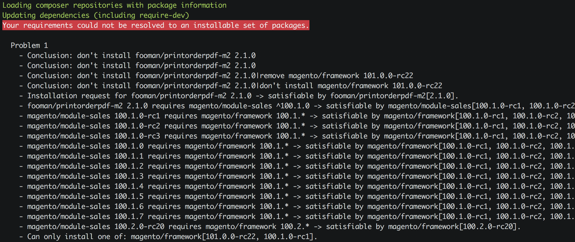 Your requirements could not be resolved to an installable set of packages.fooman/printorderpdf-m2 2.1.0 requires magento/module-sales ^100.1.0