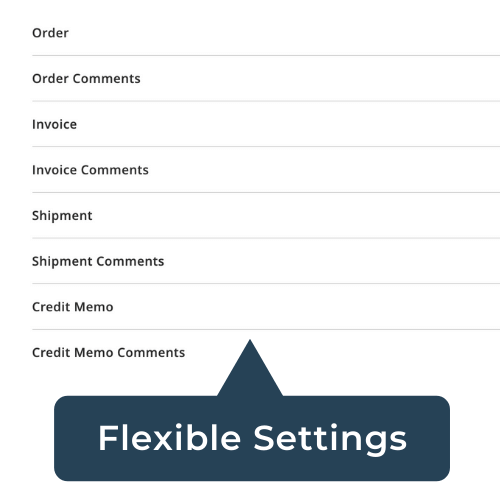 Easy to configure backend settings for Magento 2 Email Attachment.  Take complete control over which document you want to attach to which sales email type using our free Magento 2 Email Extension